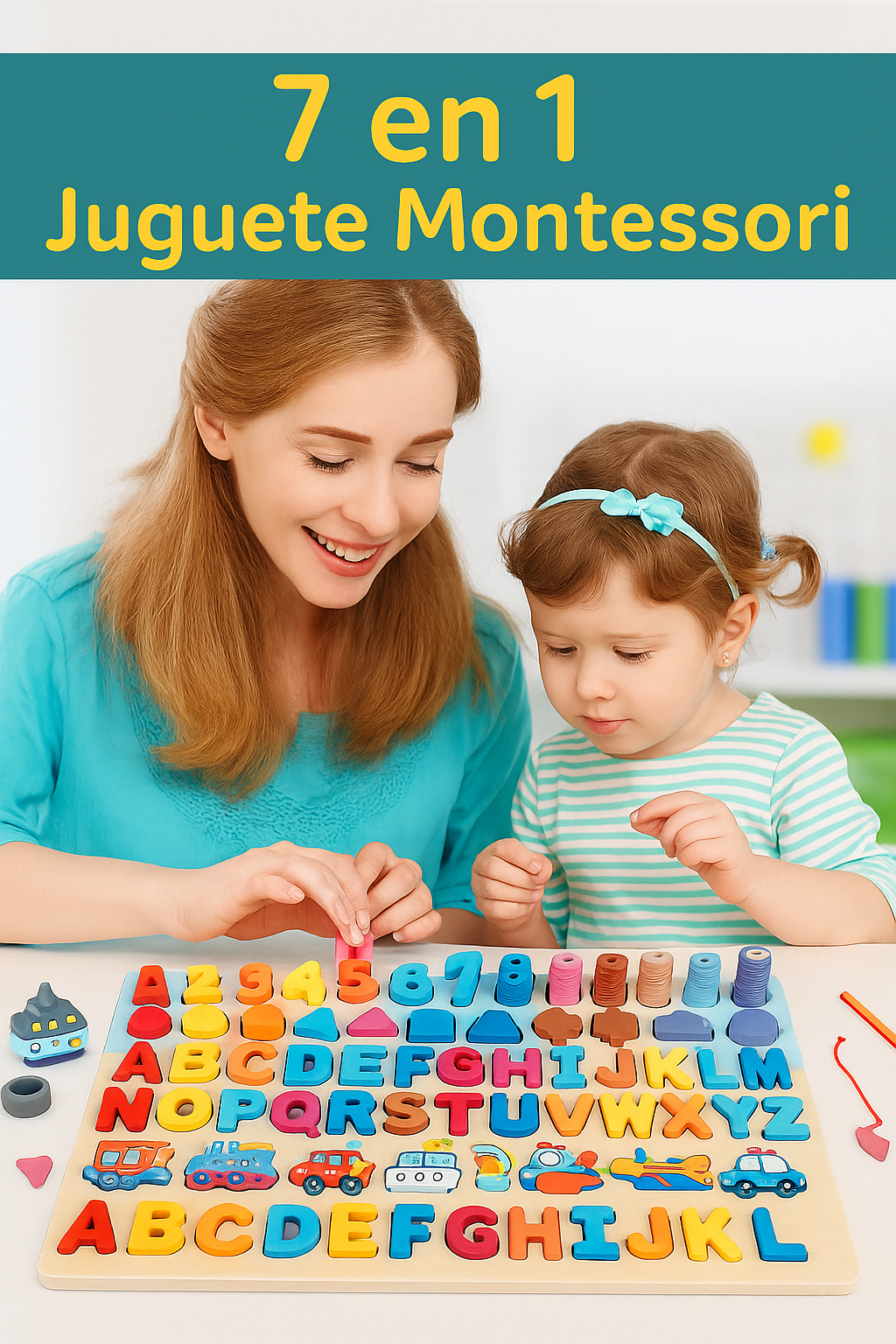Juguete Montessori 7 en 1 de Madera – Pesca, Números, Ábaco y más