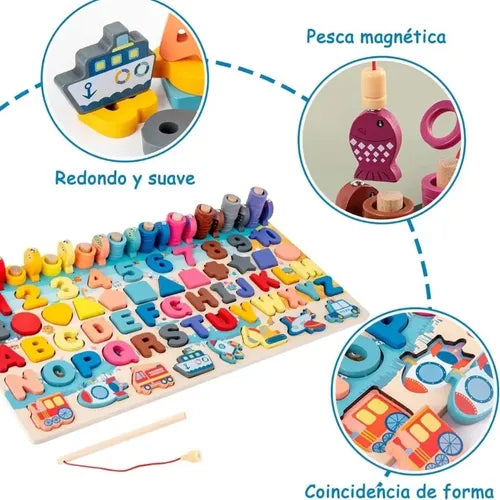 Juguete Montessori 7 en 1 de Madera – Pesca, Números, Ábaco y más