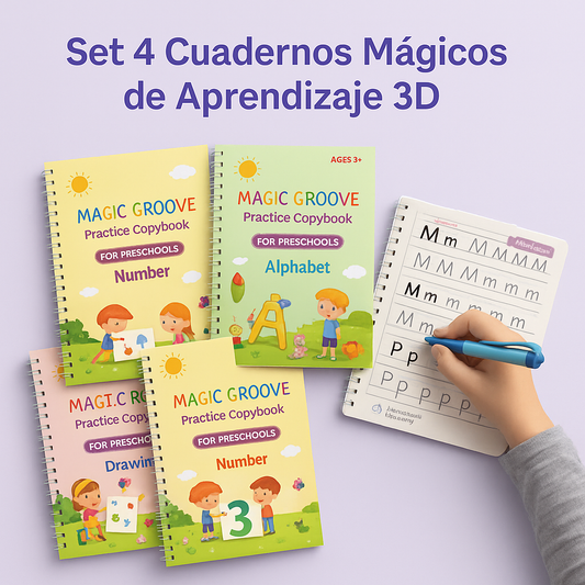 Set 4 Cuadernos Mágicos de Aprendizaje 3D – Letras, Números, Dibujo y Matemáticas